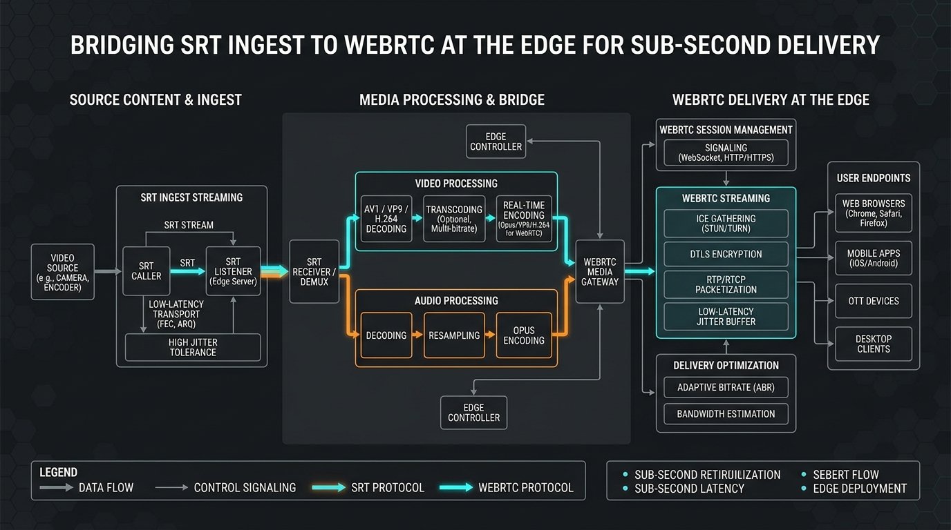 Bridging SRT Ingest to WebRTC at the Edge for Sub-Second Delivery - Architecture Diagram